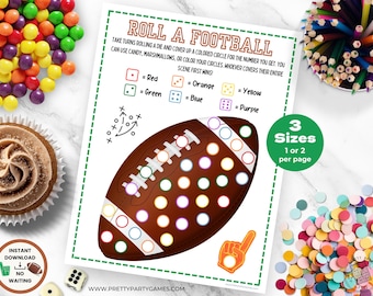 May include: Printable game board featuring a football with circles to cover. The game instructions include rolling a die and covering the corresponding colored circle on the football. The colors are red, green, orange, blue, yellow, and purple. The game is called "Roll a Football".