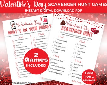 2 Valentines Day Party Games, Valentines Scavenger Hunt + Valentine What's On Your Phone Game, Galentines Games for Kids, Teens & Adults