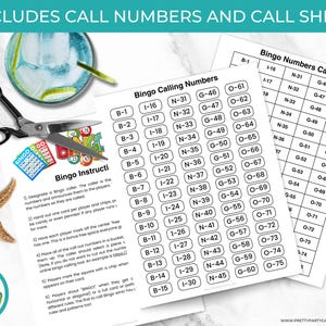 May include: A bingo game set with calling numbers and instructions. Includes a starfish, scissors, and a cocktail. The set includes bingo cards and a call sheet. The text on the image says "Includes Call Numbers and Call Sheet".