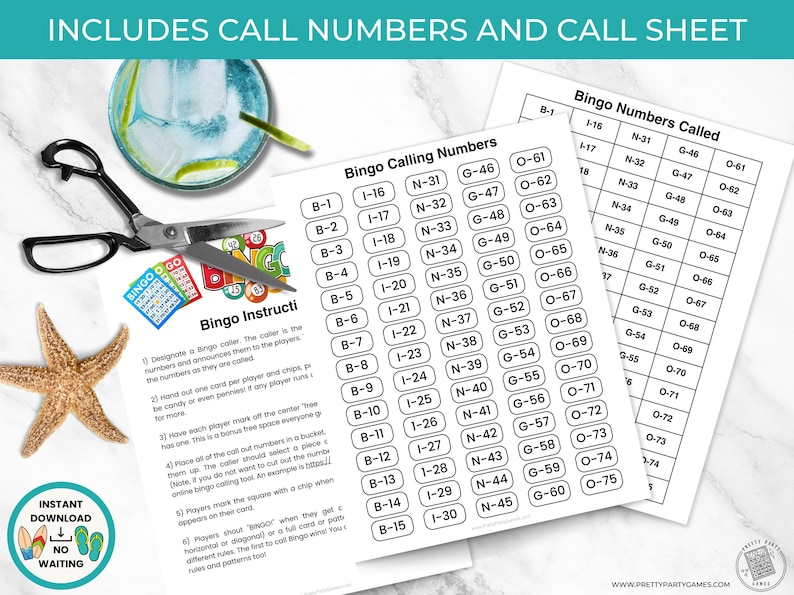 May include: A bingo game set with calling numbers and instructions. Includes a starfish, scissors, and a cocktail. The set includes bingo cards and a call sheet. The text on the image says "Includes Call Numbers and Call Sheet".