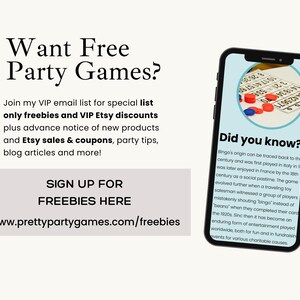 Może przedstawiać: Obraz promocyjny z tekstem "Want Free Party Games?" oraz szczeg&oacute;łami dotyczącymi dołączenia do listy e-mail VIP w celu uzyskania darmowych materiał&oacute;w i zniżek. Smartfon wyświetla kartę do bingo i ciekawe fakty o grze.