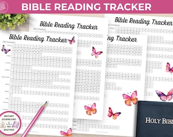 Páginas para colorear de seguimiento de capítulos bíblicos, registro de lectura de estudio bíblico de mariposas, página para colorear cristiana, seguimiento de libros de la Biblia para niños y adultos