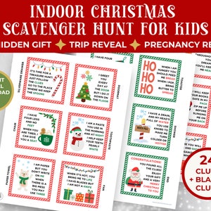 Búsqueda del tesoro navideña en interiores para niños, juego navideño imprimible, perfecto para regalos ocultos, revelación de viaje secreto o anuncio de embarazo
