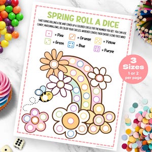 Puede incluir: Juego imprimible de temática primaveral para niños. El juego presenta un arcoíris, flores y una abeja. Las instrucciones dicen que se turnen para tirar un dado y cubrir un círculo de color para el número que obtengan. Puedes usar caramelos, malvaviscos o colorear tus círculos. ¡Quien cubra toda su escena primero gana! El juego viene en 3 tamaños: 1 o 2 por página.