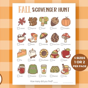 Puede incluir: Un juego imprimible de búsqueda del tesoro de otoño con ilustraciones de elementos otoñales como hojas, calabazas y bellotas. El texto "FALL SCAVENGER HUNT" está en la parte superior. El juego incluye casillas de verificación y la opción de 1 o 2 páginas por impresión.