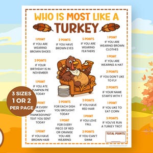 Può includere: Tabellone di gioco a tema Ringraziamento intitolato "Chi è più simile a un tacchino". Il design colorato presenta un tacchino dei cartoni animati in poltrona, circondato da richieste di punteggio. Il gioco è disponibile in 3 dimensioni.