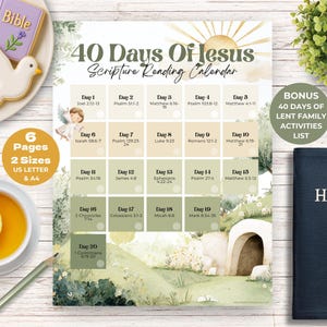 40 Days of Jesus Lenten Scripture Calendar, Lent Countdown Printable, Bible Reading Plan plus Christian Easter Activities List for Families