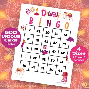 数字付きディワリ ビンゴ カード 500 枚、光の祭典パーティーのアイデア、子供と高齢者向けのディワリ パーティー ゲーム、1 ページあたり 1、2、4、6、即時ダウンロード