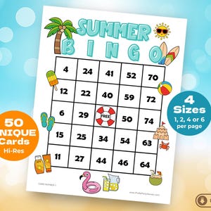 50 Cartões de Bingo de Verão com Números, Cartões de Bingo de Praia para Imprimir para Crianças e Adultos, Atividade Divertida de Viagem de Carro para Festa na Piscina, Download Instantâneo em PDF