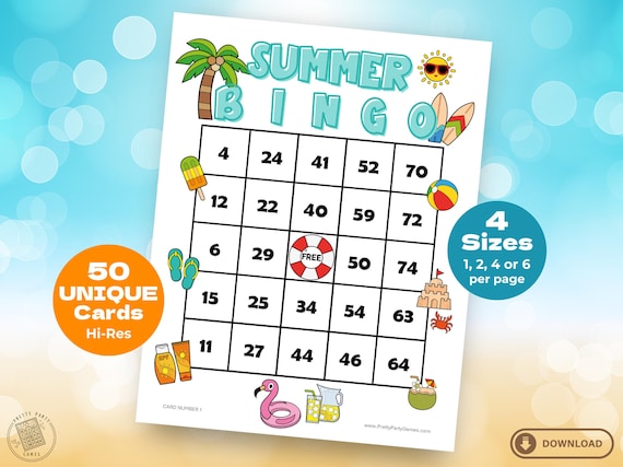 50 Summer Bingo Cards with Numbers, Printable Beach Bingo Cards for Kids & Adults, Fun Pool Party Road Trip Activity, Instant Download PDF
