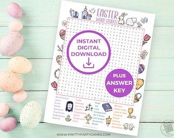 Puzzle religieux de recherche de mot de Pâques pour adultes et enfants, recherche de mot chrétienne de Pâques imprimable, activité amusante d'école du dimanche, téléchargement immédiat