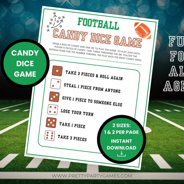 Football Candy Dice Game Kids, Printable Roll A Dice Candy Game, Fun Kids Candy Dice Game for Sports Birthday Party, Instant Download PDF