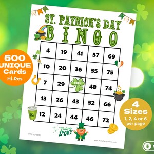 May include: A printable St. Patrick's Day Bingo card with a green shamrock, a pot of gold, and a leprechaun. The card has numbers 4, 7, 10, 12, 13, 19, 20, 24, 26, 29, 36, 41, 43, 44, 46, 48, 52, 55, 57, 66, 69, 72, 74, and 75. The card also has a "FREE" space. The text "St. Patrick's Day Bingo" is at the top of the card. The text "Feeling Lucky" is at the bottom of the card.