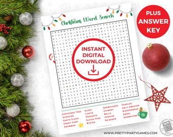 Puzzle de recherche de mots de Noël à imprimer pour adultes et enfants + corrigé, jeux de fête de Noël, recherche de mots pour les vacances de Noël, téléchargement numérique PDF