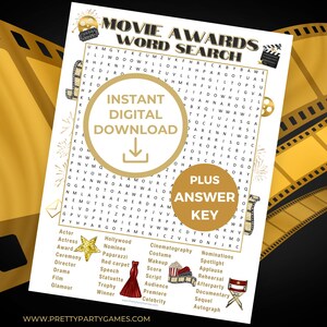 Movie Awards Night Word Search Printable Puzzle + Answer Key, Film Awards Watch Party Games, Movie Theme Party Activities, Digital Download