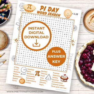 Może przedstawiać: Drukowana krzyżówka z okazji Dnia Liczby Pi z grafiką ciasta i tekstem "Pi Day Word Search". Krzyżówka zawiera słowa związane z matematyczną stałą pi, takie jak "koło", "średnica", "promień", "stała", "stosunek", "geometria", "archimedes", "obliczenie", "trygonometria", "nieskończoność", "dziesiętny", "twierdzenie", "dowód", "pole", "symetria", "rachunek", "cyfry", "ułamek", "sekwencja", "nieskończoność", "równanie", "obwód", "liczba niewymierna" i "trzy przecinek jeden cztery".