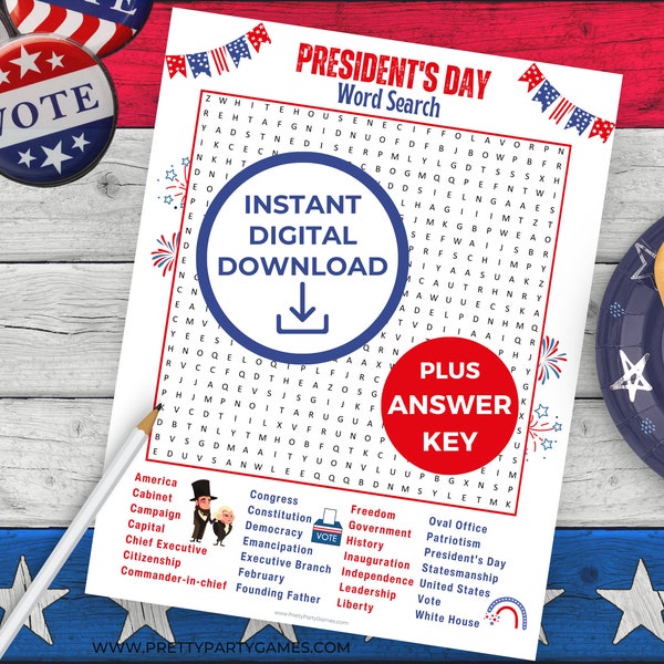 Presidents Day Printable Word Search For Kids & Adults + Answer Key, Presidents Day Activities, Perfect for Classroom, Instant Download PDF