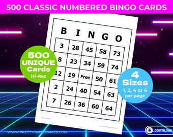 500 Classic Bingo Cards with Numbers 1-75, 4 Sizes: 1, 2, 4 or 6 Per Page, Clean Minimalist Bingo Game, Jumbo Large Print, Instant Download