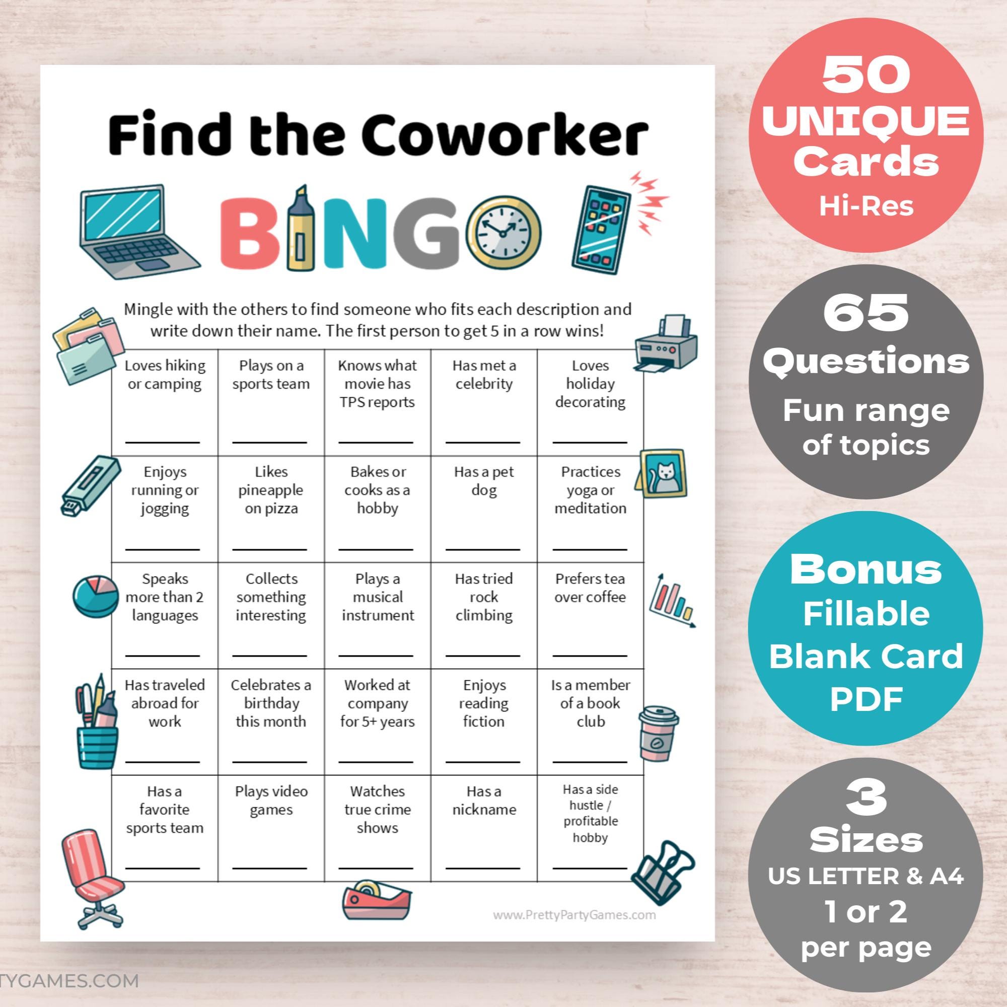 50 tarjetas de bingo imprimibles "Encuentra al compañero de trabajo", actividad divertida para fomentar el trabajo en equipo, bingo "Conociéndote", juego para romper el hielo en la fiesta de la oficina
