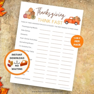 Thanksgiving Think Fast Office Game, Friendsgiving Party Games for Adults & Kids, Holiday Word Games, Printable Party Game, Instant Download