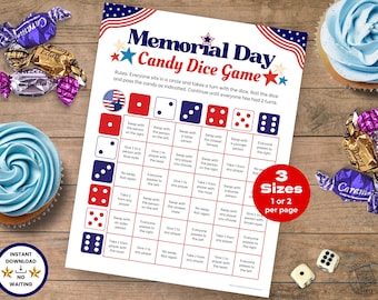May include: A printable Memorial Day Candy Dice Game with red, white, and blue stars and dice. The game includes instructions and a grid of 36 squares with different actions to perform when rolling the dice. The game is available in three sizes: 1 or 2 per page.