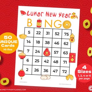 50 druckbare chinesische Neujahrs Bingo Karten mit Zahlen, 2025 Jahr der Schlange, Urlaubsaktivitäten für Kinder & Erwachsene, Sofort Download