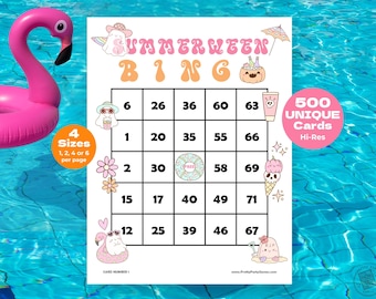 500 Summerween Party Bingo Cards with Numbers, Printable Summer Halloween Pool Party Games for Kids Adults, Spooky Vibes Birthday Pool Party