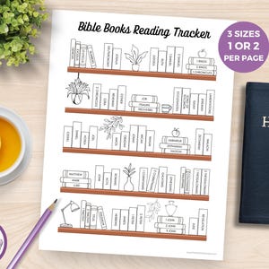 May include: A printable Bible Books Reading Tracker with a bookshelf design. The black and white illustration features shelves filled with book titles, decorative plants, and the text "Bible Books Reading Tracker". A purple circle indicates "3 Sizes 1 or 2 per page".
