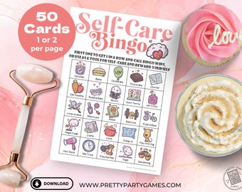 Juego de bingo de autocuidado para imprimir, 50 tarjetas de bingo de autocuidado para la salud mental, para jugar como juego de fiesta o para usar como actividades de bienestar, descarga digital