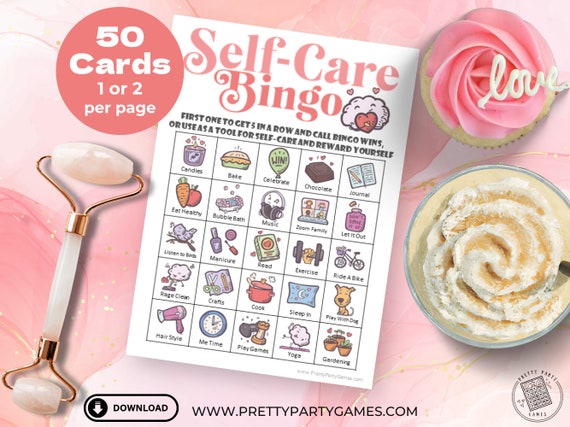 Self Care Bingo Game Printable, 50 Mental Health Self-Care Bingo Cards, Play as Party Game or use as Wellness Activities, Digital Download
