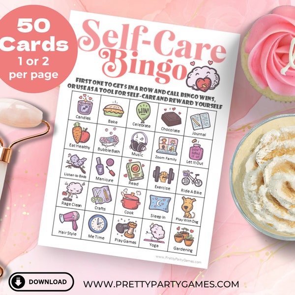 Self Care Bingo Game Printable, 50 Mental Health Self-Care Bingo Cards, Play as Party Game or use as Wellness Activities, Digital Download