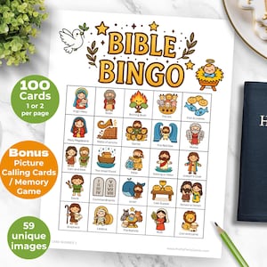 Bible Story Bingo, Colorful Bible Bingo for Kids & Adults, 100 Printable Picture Bingo Cards, Bible Character Bingo Game, Sunday School Fun