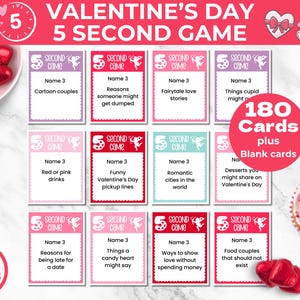 Puede incluir: Un juego de 180 cartas con temática de San Valentín con el texto "5 Second Game" y "180 Cartas más Cartas en blanco". Las cartas son rosas, azules y blancas con un diseño de corazón rojo. Las cartas están dispuestas en una cuadrícula de 3 filas y 4 columnas.