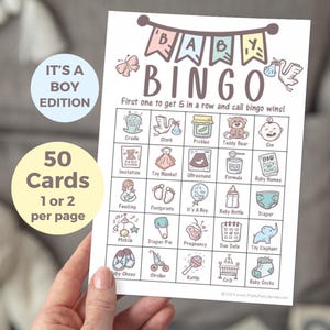 50 bingos para baby shower de niño con imágenes, 50 tarjetas de bingo imprimibles, fiesta de revelación de género de niño, estilo boho minimalista pastel, descarga instantánea