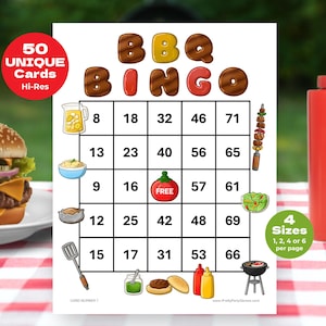 May include: A printable BBQ Bingo card with 50 unique cards. The card has a 5x5 grid with numbers 8, 13, 9, 12, 15, 18, 23, 16, 25, 17, 32, 40, FREE, 42, 31, 46, 56, 57, 48, 53, 71, 65, 61, 69, 66. The card also has images of a pitcher of lemonade, a bowl of potato salad, a spatula, a jar of pickles, a hamburger, a bottle of ketchup, and a grill.
