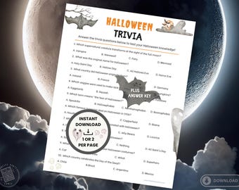 May include: A Halloween trivia game sheet featuring ten multiple-choice questions, orange and black text, and illustrations of bats and a ghost. The page includes a bat-shaped graphic labeled PLUS ANSWER KEY and a circular INSTANT DOWNLOAD badge.