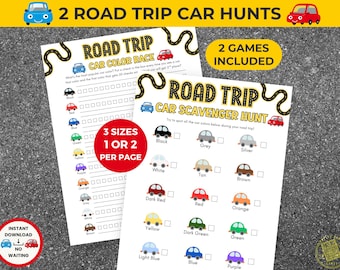 May include: Two printable road trip car hunt games. One game is a car color race, and the other is a car scavenger hunt. The games include a variety of car colors to spot and check off. The text on the image says "2 Road Trip Car Hunts."