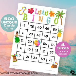 Bingokaarten met 500 luau-thema, tropische afdrukbare partygames, Aloha-verjaardagsactiviteiten voor kinderen, 1 2 4 of 6 per pagina, direct downloaden