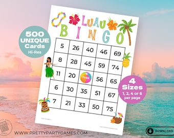 May include: A printable Luau Bingo card with 500 unique cards, 4 sizes, and a tropical theme. The card has a 5x5 grid with numbers 5, 8, 11, 6, 7, 26, 28, 20, 30, 21, 40, 45, Free, 35, 33, 46, 59, 56, 51, 50, 69, 74, 65, 67, 75.