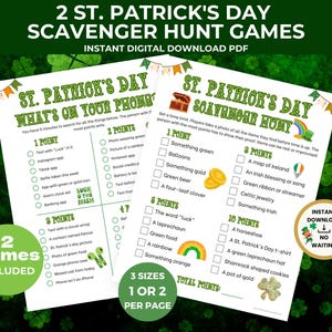 2 St. Patrick&#39;s Day Party Games, Photo Scavenger Hunt + What&#39;s On Your Phone Game, Party Games for Teens Kids & Adults, Instant Download PDF