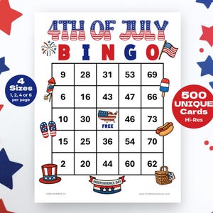May include: A 4th of July Bingo game card with red, white, and blue graphics. The card features the text "4th of July Bingo" and includes various patriotic images like a flag, fireworks, and a hot dog. It has 25 numbered squares and states "500 Unique Cards Hi-Res".