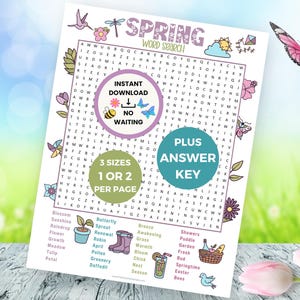 May include: A printable spring-themed word search puzzle with a colorful design. The puzzle features a variety of spring-related words, such as "butterfly", "robin", "grass", and "nest". The puzzle is available in three sizes and can be printed one or two per page. An answer key is also included.
