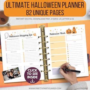 May include: An open orange planner with gold rings, featuring Halloween-themed pages. The top banner reads "ULTIMATE HALLOWEEN PLANNER" and "82 UNIQUE PAGES." Pages include a shopping list and a weekly planner. The text "CLICK TO SEE INSIDE" is also visible.