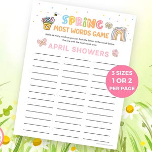 Op de afbeelding: Printbare spelkaart met een lentethema. De kaart heeft de titel "Spring Most Words Game" en instructies om zoveel mogelijk woorden te maken van de letters in de woorden "April Showers".