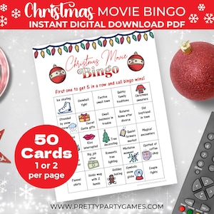 Cartões de bingo de filmes de Natal para impressão, jogo de bingo de férias, 50 cartões de bingo de noite de cinema na TV, visualização divertida de atividades de festa, download digital