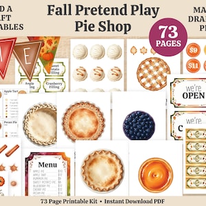 May include: A printable fall-themed pretend play pie shop kit. Includes pie graphics, play money, menu, and decorative elements. Features a banner that says "PIE" and the text "73 PAGES". Great for math and dramatic play.