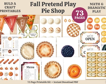 Printable Pie Shop Pretend Play Kit, 73 Page Kids Dramatic Play Activity, Craft Learning Game, Play Food, Menus, Money, Recipes, Shop Signs