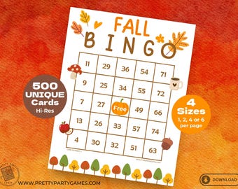 May include: A printable Fall Bingo card with a 5x5 grid of numbers and images. The center square says "Free" and has a pumpkin image. The card is white with brown and orange accents. 500 unique cards are available in 4 sizes: 1, 2, 4, or 6 per page.