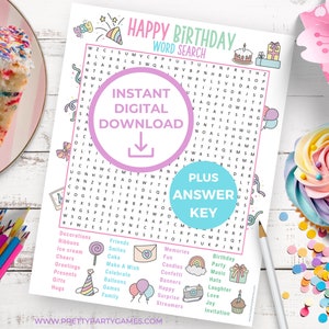 Happy Birthday Word Search Printable + Answer Key, Birthday Party Games, Word Search Puzzles for Kids, Teens, Adults & Seniors, Party Favor