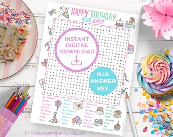 Happy Birthday Word Search Printable + Answer Key, Birthday Party Games, Word Search Puzzles for Kids, Teens, Adults & Seniors, Party Favor